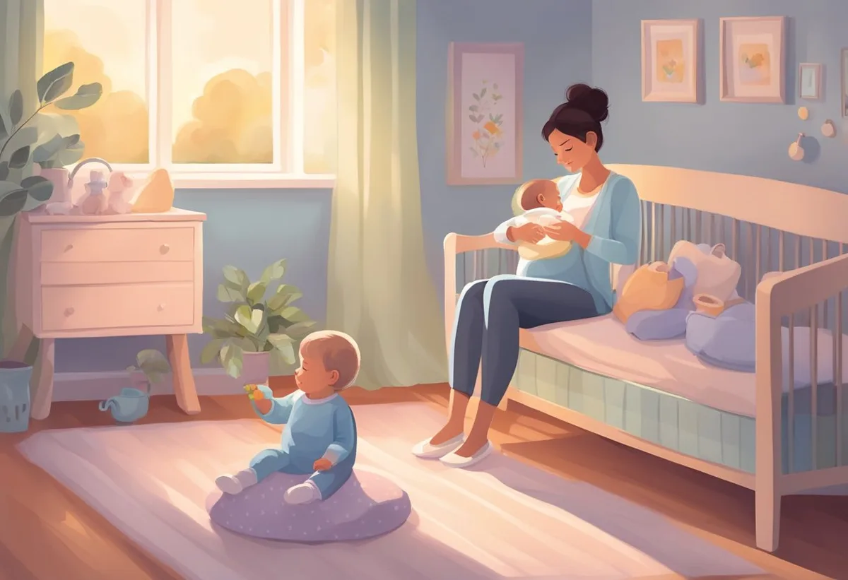 Uma mãe usando um bomba de leite elétrica em um quarto de bebê tranquilo e aconchegante, com iluminação suave e assentos confortáveis.