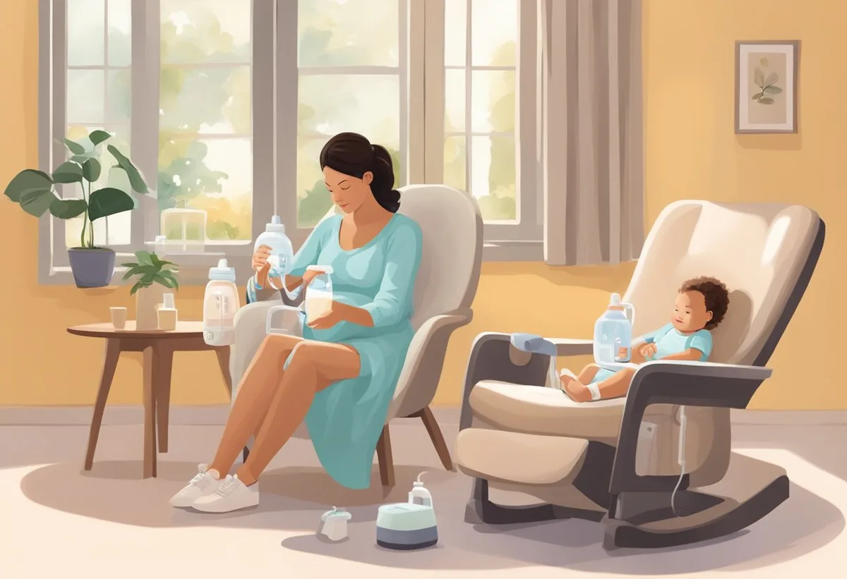 Uma mãe está sentada confortavelmente em uma cadeira, usando uma bomba de leite elétrica para extrair leite para um frasco. A bomba está conectada a uma fonte de energia, e o ambiente é tranquilo e sereno.