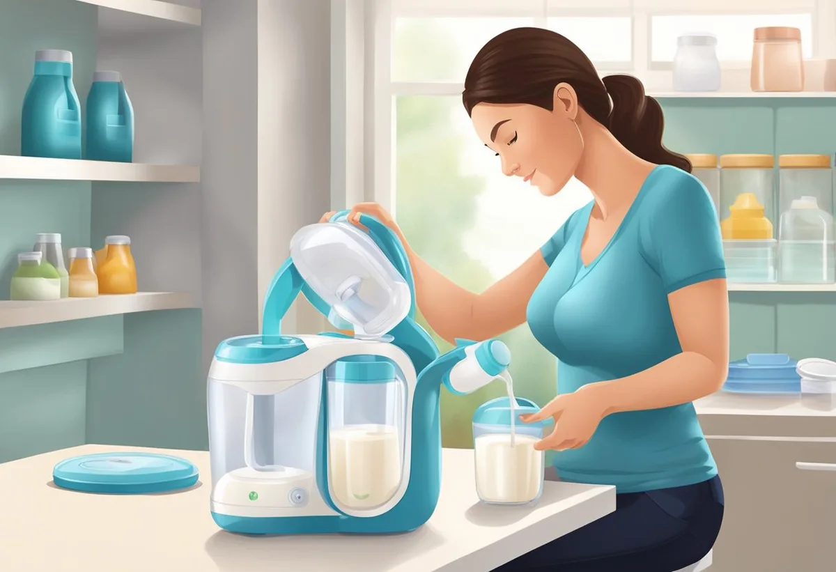 Uma mãe usando uma bomba de leite elétrica para extrair leite para um recipiente de armazenamento