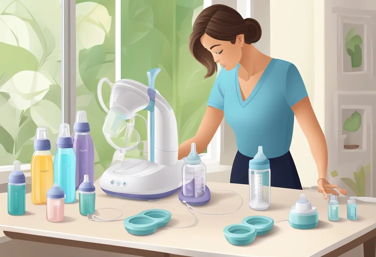 Uma mulher usa um bomba elétrica de leite em uma mesa limpa e organizada, com frascos e acessórios nas proximidades.