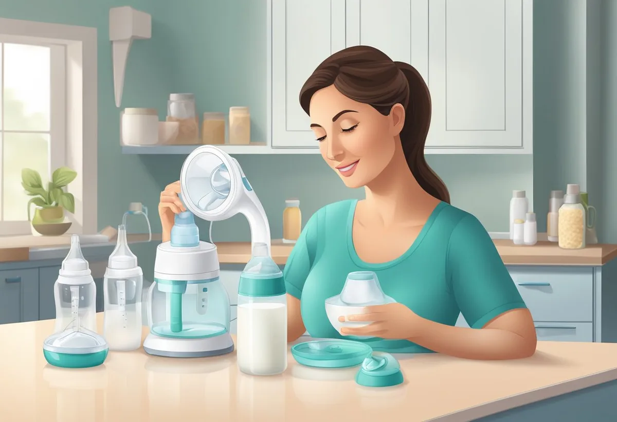 Uma mãe usando um bomba de leite elétrica com frascos de leite e acessórios em uma superfície limpa e organizada